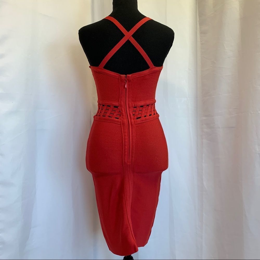 BEBE Red Bandage Bodycon Dress With Caged Waist Detail Sz M - Picture 4 of 12